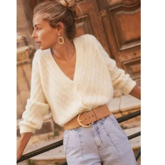 V-Cut Buttoned Down Off White Knit Cardigan Textured, Long Sleeve - Picture 6 of 12